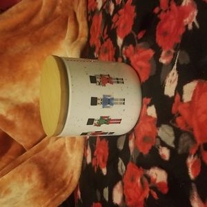 C....VINTAGE PORCELAIN  Ciroa Porcelain Nutcracker Oak Wood Lid Sealed jar 10/10